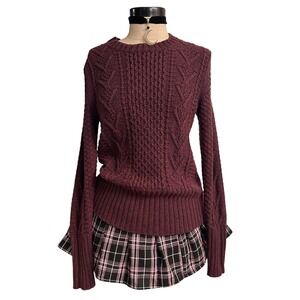 Burgundy Cable Knit Wool Blend Sweater Crewneck Maroon MEDIUM